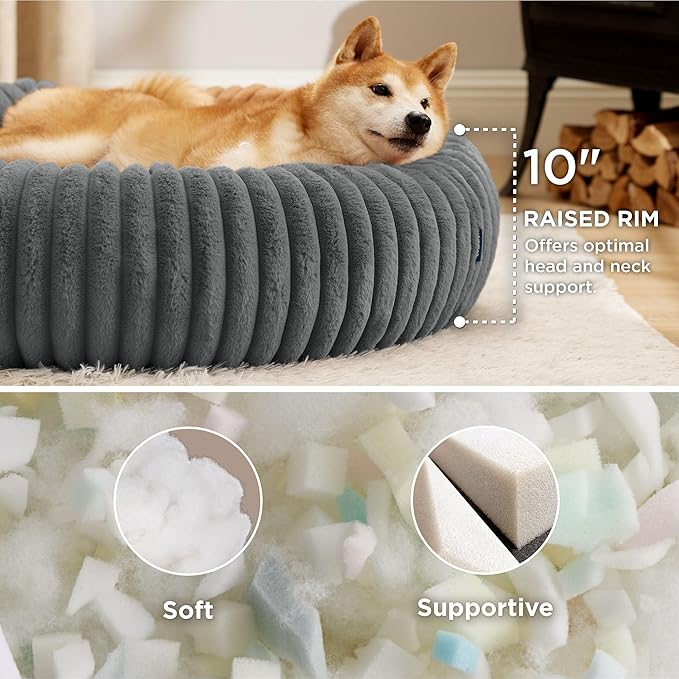 Bedsure ComfyFleece™ Donut Large Dog Bed - Washable Faux Fur with Corduroy Fleece & Anti Slip Bottom, Round Pet Bed with Removable Cover, Warm Grey, 36x36x8 inches