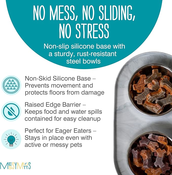 Messy Mutts Double Silicone Feeder with Stainless Bowls | Non-Skid Food Dishes for Dogs for All Pets | Dog Food Bowls | Large, 3 Cups Per Bowl | Marble