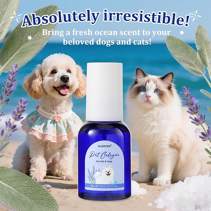 Pet Cologne Spray, Sea Salt & Sage Dog Perfume, Natural Ocean Scent, Deodorizing Grooming for Dogs and Cats, Alcohol-Free, Between Baths Freshener, 2.37 fl oz