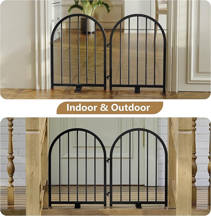 Full Metal Dog Gate for Indoor Outdoor, 24" Tall Free Standing Pet Dog Fence, 36" Wide Arched Pet Gates for Stairs, Hallways, Doorways, Kitchen, Decks, Yards (Black, 2 Panels)