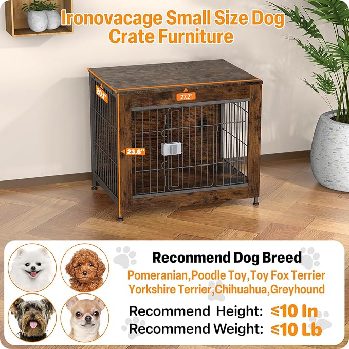 Furniture Style Dog Crate, 27" Wooden Dog Kennel End Table with Solid Top, Indoor Pet Crate House with Secure Slide Lock, Modern Dog Cage Furniture for Small & Medium Dogs, Aged Black