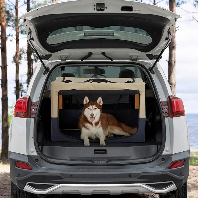 36" Collapsible Dog Crate for Large Dogs - Portable Soft Travel Kennel with Lockable Zippers, Waterproof Base, Washable Cover, Patented Screw Frame for Adjustable Tension, Outdoor, Indoor, Car Use