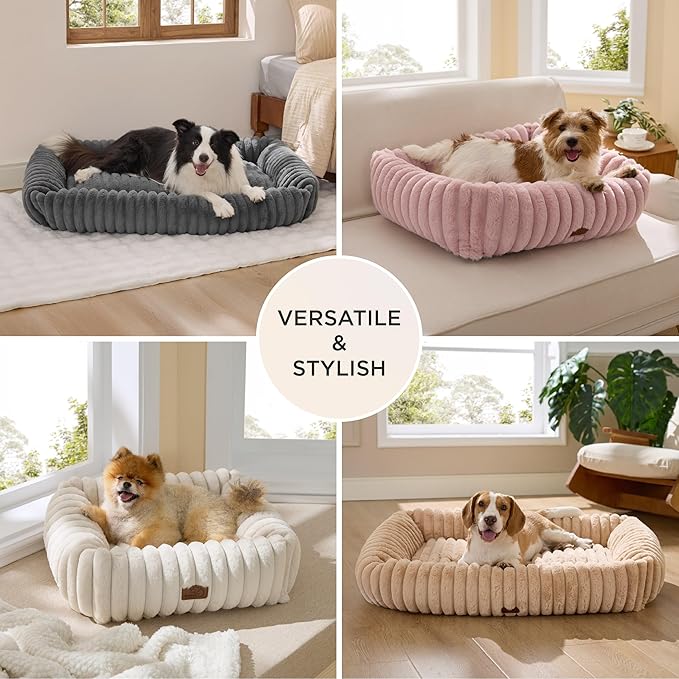 Bedsure ComfyFleece™ Cute Dog Bed for Small Dogs & Cats - Washable Furry Cat Beds, Rectangle Orthopedic Corduroy Fleece Puppy Beds with Removable Zipper Cover, 20x19x6inches, Vintage Indigo