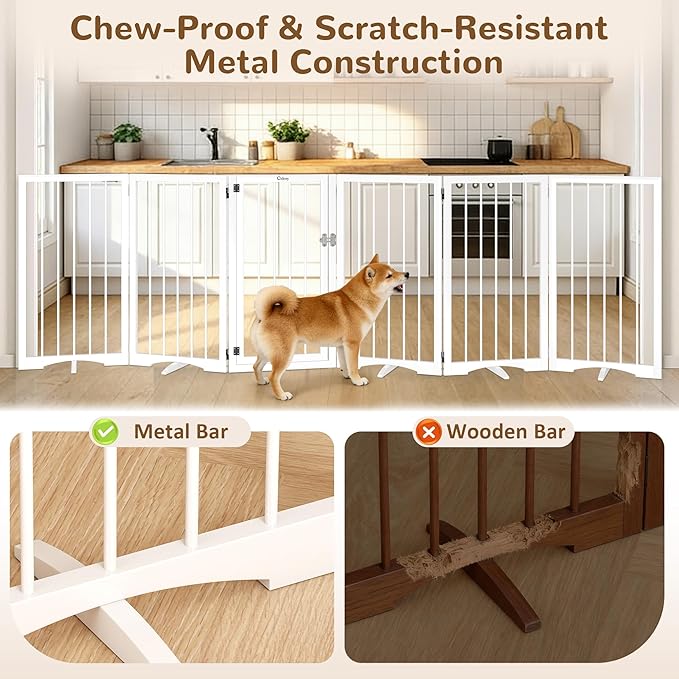 32” Extra Tall Freestanding Dog Gate, Foldable Gates for Dogs Indoor with Door, 6-Panel Dog Fence with Support Feet for Stability, Folding Dog Gates for Doorways Extra Wide No Drilling 106"x32"