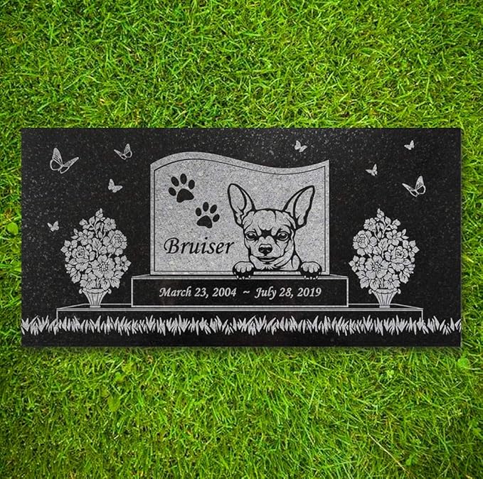 Indoor Outdoor Dog Memorial – Chihuahua Pet Memorial Stone – Black Granite Stone – Dog Headstone – 6 x 12 x 3/8 Inches – Paw Prints Pet Memorial Stone – in Loving Memory – Pet Loss Stone - Bruiser