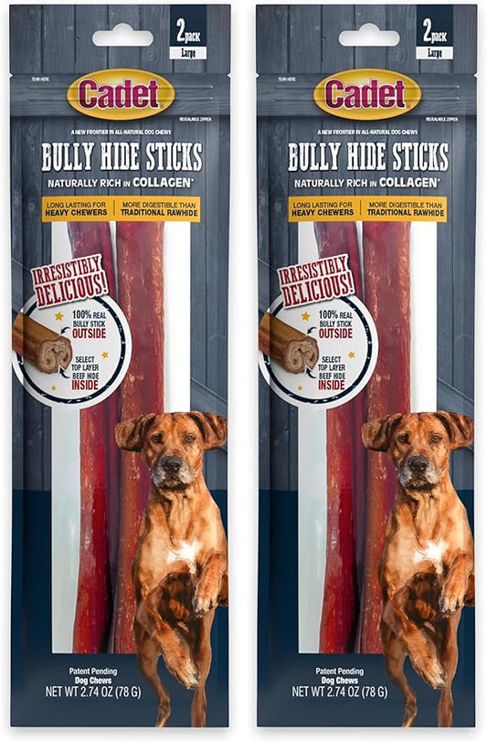 Cadet Bully Hide Sticks for Large Dogs, All-Natural Beef Pizzle, Limited-Ingredient Long-Lasting Dog Chews for Aggressive Chewers, 2 Count (Pack of 2)