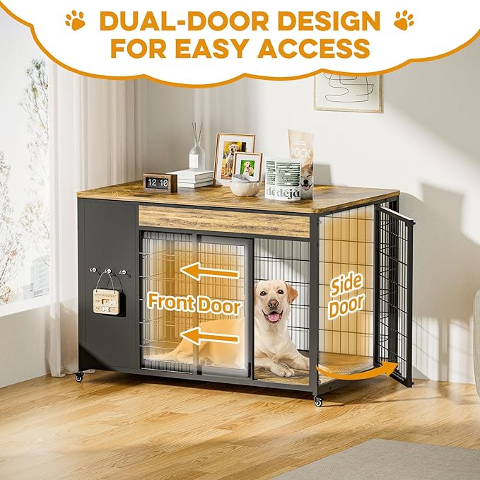 42" Dog Crate Furniture - Dog Crate with DIY Frame, Sliding Door Indoor Kennel, Wooden Dog Cage End Table, for Large Breed, Rustic Brown Size XL