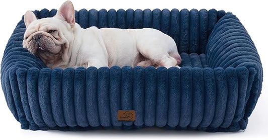 Bedsure ComfyFleece™ Cute Dog Beds Large Sized Dog - Washable Furry Pet Beds, Rectangle Orthopedic Corduroy Fleece Puppy Beds with Removable Zipper Cover, 30x24x8 inches,Night Blue