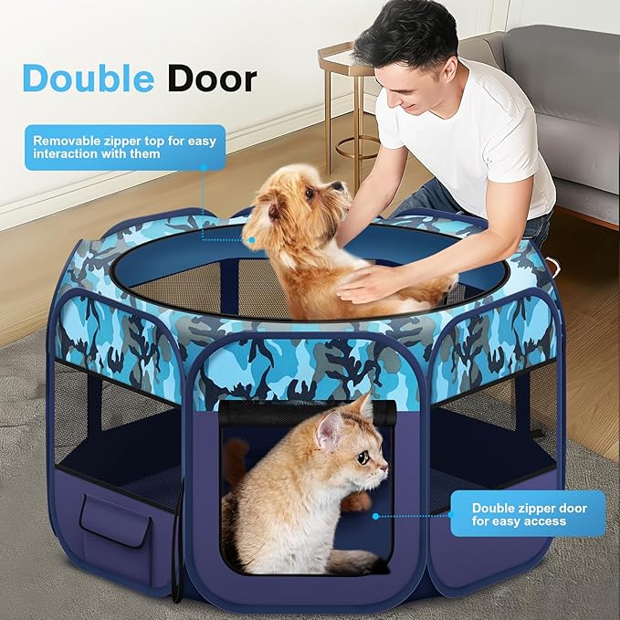 Dog Playpen, Pet Playpen, Portable Cat Playpen, Foldable Puppy Playpen Exercise Kennel Tent with Carry Case Collapsible Bowl,Water-Resistant Shade Cover for Indoor Outdoor Travel （Bule,Medium