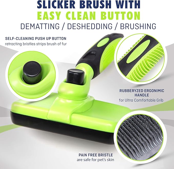 Rexipets Self-Cleaning Slicker Brush - One-Click Cleaning Function - Gentle & Effective Pet Hair Remover - Dog Grooming Accessories for Small, Medium & Large Dogs and Cats