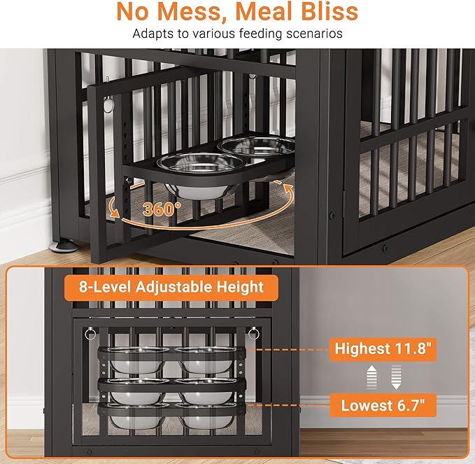 Dog Crate Furniture with Name Tag, Dog Kennel Indoor with 360° Rotating Feeder and Adjustable Heights Bowls, Wooden Decorative Pet Cage End Table for Small Medium Dogs, Grey 37.8" L