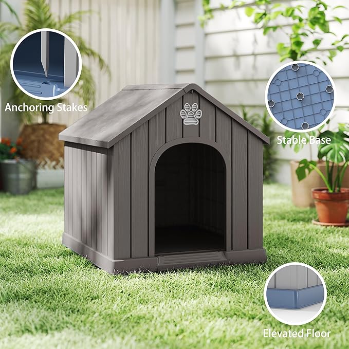 DRATO Indoor & Outdoor Dog Houses, Resin Material Pet Shelter with Waterproof Feature and Ventilated Design,Gray