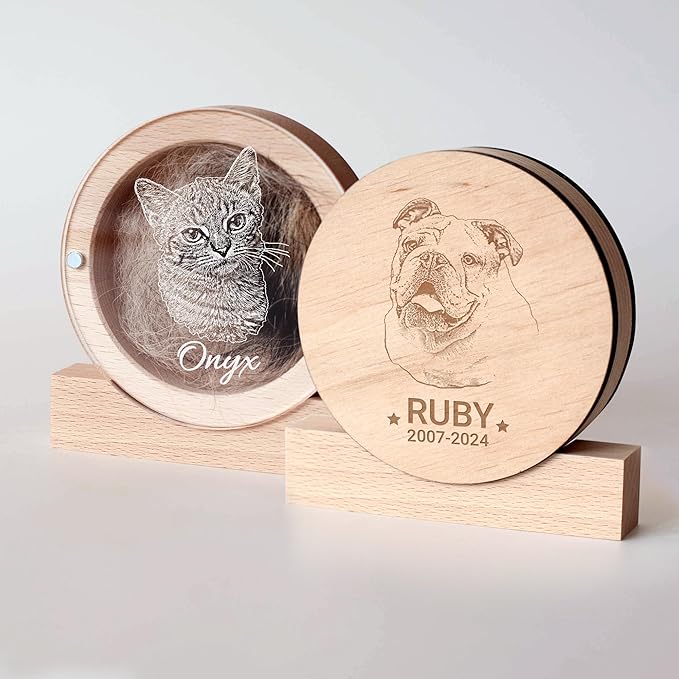 Personalized Pet Hair Keepsake Box for Dog and Cat Fur - Engraved Wood Memorial Box - Unique Customized Gift for Loss of Furry Friend Wooden (Light Round Wood/Acrylic Lid, With Photo)