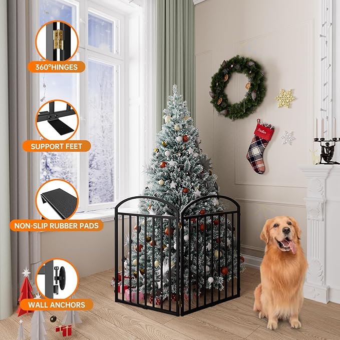 2 Panels Full Matel Freestanding Dog Gates, 48" Extra Wide 32" Tall Free Standing Dog Pet Gate for Indoor & Outdoor. Foldable Pet Fences for Doorways, House, Stairs, Porch, Deck, Yard
