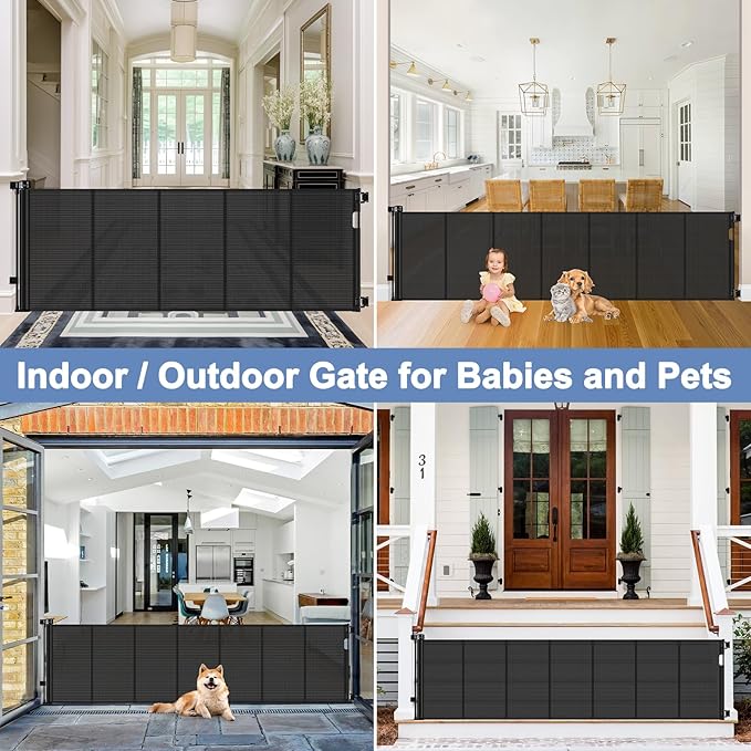 Reinforced 200 Inch Extra Wide Baby Gate Retractable Dog Gate 16.7ft Outdoor pet Gates for Wide Openings 33 Inch Tall No Sag Mesh Retractable Baby Gates for Doorways with Reinforced Strips, Black