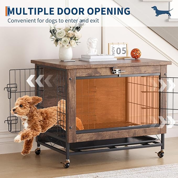 26" Inch Dog Crate Furniture, Small to Medium Pet Cage with Double Doors and Wheels, Chew-Resistant Wooden Indoor Dog House, Kennel Side End Table for Bedroom & Living Room, Rustic Brown