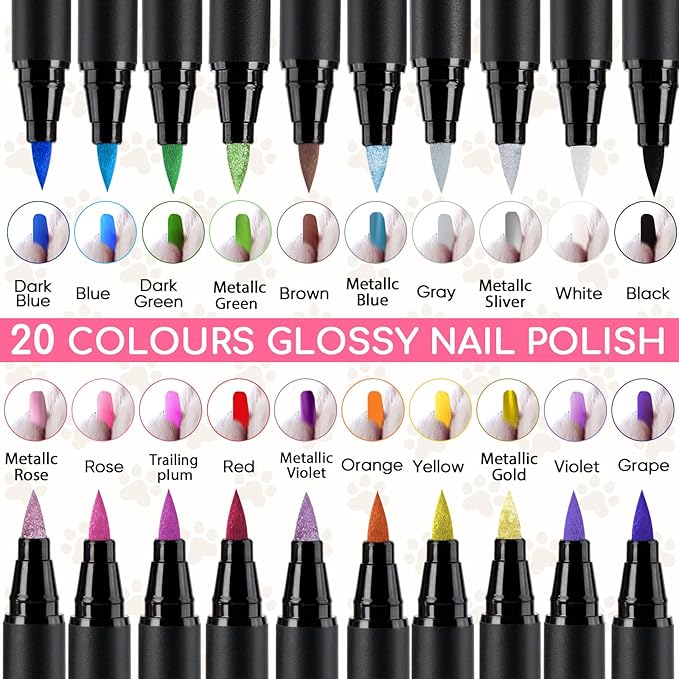 Dog Nail Polish， Dog Nail Polish Pens Quick Dry-20 Colors, Pet Nail Polish Set for Dogs， DIY Dogs Puppy Nails, Dog Safe Nail Polish Non Toxic, Odorless, Easy to Apply