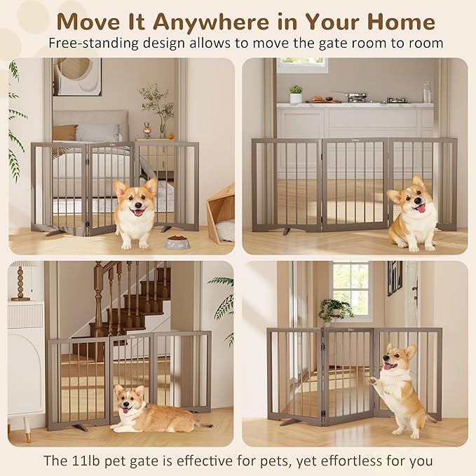 Free Standing Dog Gate Indoor, Foldable Dog Gate for Doorways Stairs Hallways, 3-Panel Freestanding Pet Gate with Support Feet for Stability, Folding Puppy Gate Easy to Move, Doggy Gate 54"x24"