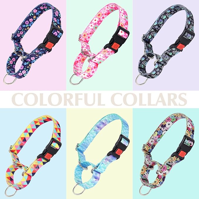 Pink Martingale Collar for Medium Dogs with Safety Buckle, Adjustable Girl Dog Collars with Flowers Design, Heavy Duty No Slip Collar Great for Whippets, Greyhounds and More (M)