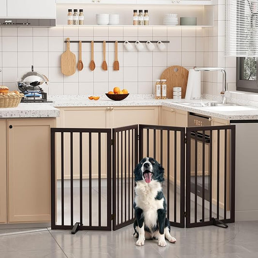 Freestanding Dog Gate Indoor 32“Tall, Foldable Dog Gates for Doorways, 4-Panel Pet Gates for Dogs with with 2 Metal Stands (74" W, Espresso)