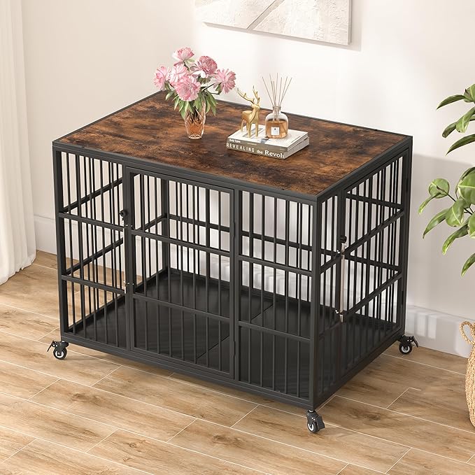 VERIFURTY 42 Inch Heavy Duty Dog Crate Furniture with Self-Locking Latch for Medium and Large Dogs, Escape-Proof Dog Kennel Furniture Indoor, Decorative Pet Cage End Table, Rustic Brown