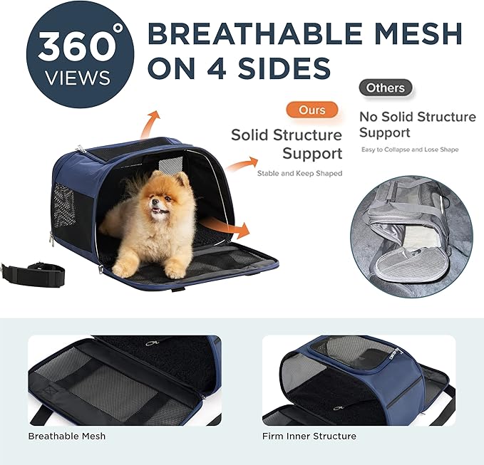 Lesure Cat Dog Carrier Airline Approved - Dog Carrier for Small Dogs Collapsible Soft Side TSA Approved Travel Pet Carrier for Car, Blue, 17.5x11x11