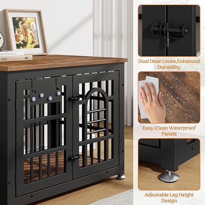 Lulive Dog Crate Furniture 31.5" Wooden Dog Kennel Table with Bowls Heavy Duty Dog Crates for Small/Medium/Large Dogs, Dog Kennel Furniture Indoor as TV Stand End Table,Brown