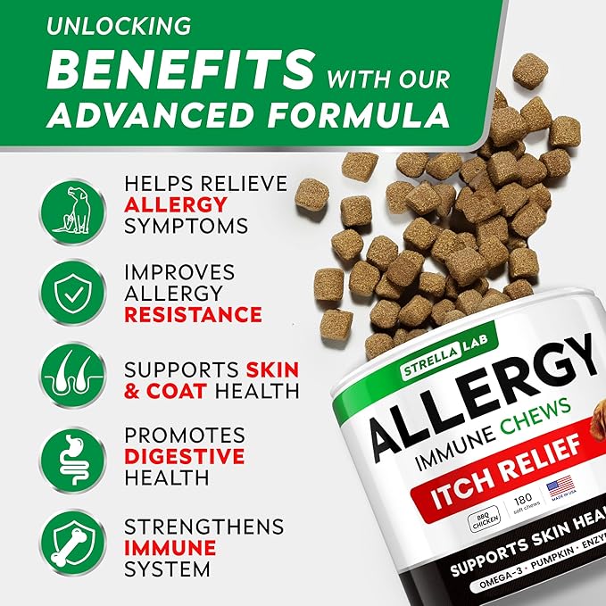 STRELLALAB Dog Allergy Relief & Anti Itch Support Chews w/Omega 3: Real Ingredients, Real Taste! Skin & Coat Immune Supplement w/Fish Oil, Pumpkin & Enzymes — BBQ Chicken - 180Ct