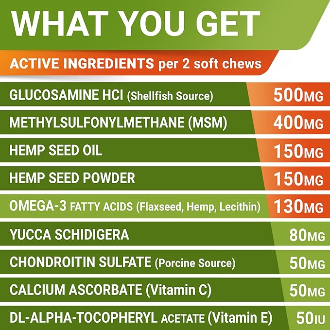 STRELLALAB Hemp Chews for Dogs - Hip & Joint Supplement with Glucosamine - Joint Pain Relief Treats - Omega 3, Chondroitin, MSM - Advanced Mobility Support - Chicken Flavor - 120 Ct - Made in USA