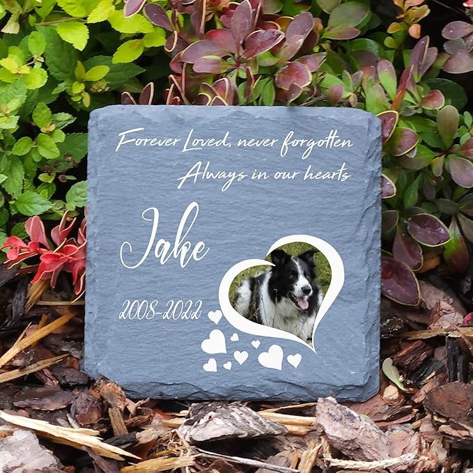 Personalized Individual Square Memorial Plaque + Stand for Pet Cat Dog Slate Stone Frame Paw Grave Marker - Size 3.94" x 3.94" or 100 x 100 mm - Heart Photo