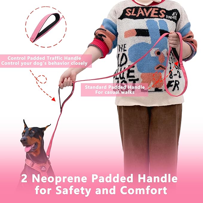 Dog Leash 6ft Long, Double Handle Dog Leash for Safety Control Training, Heavy Duty Dog Leads with Traffic Padded Handles, Reflective Leashes for Small Medium Large Dogs(6ft, Pink)