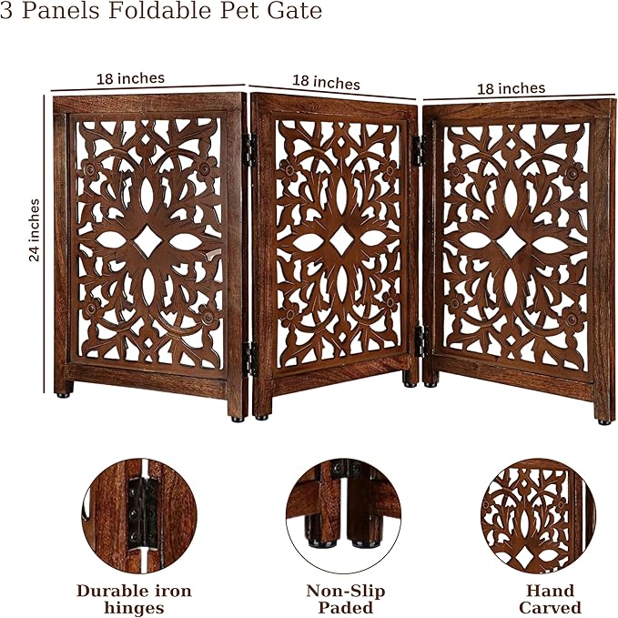 Lightnpro Wooden Pet Gate - Decorative Carved Foldable Dog Gate, Extra-Wide Freestanding Indoor Safety Fence for Dogs & Cats, Perfect for Stairs, Hallways & Home Décor - 24x18 Inch Natural Burnt