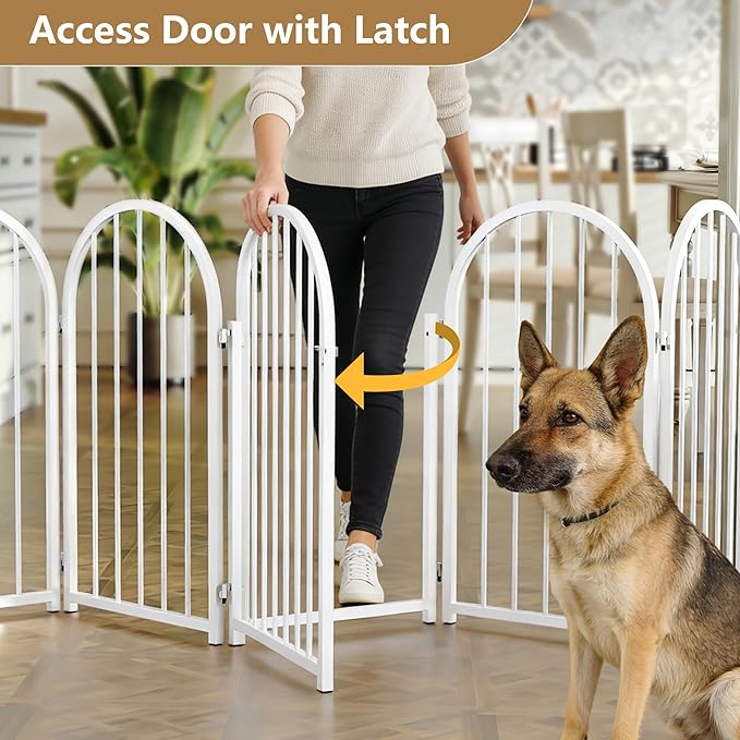 Full Metal Dog Gate with Door for Indoor Outdoor, 32" Tall Free Standing Pet Dog Fence, 72" Extra Wide Pet Gates for Stairs, Hallways, Doorways, Kitchen, Decks, Yards (White, 4 Panels)