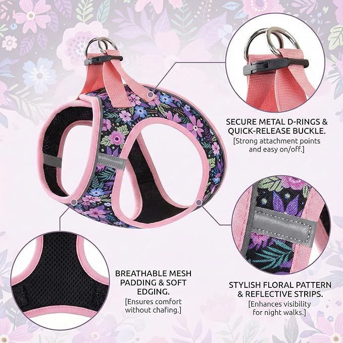 Step in Dog Harness and Leash Set, Reflective Adjustable No Pull Dog Harness for Small Medium Dogs Puppy and Cats, Soft Padded Mesh Vest Harnesses for Girl and Boy Pets(Pink Floral,M)