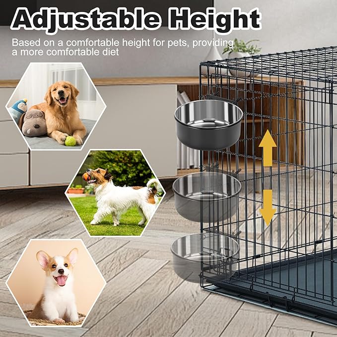 Crate Dog Bowls, Removable Stainless Steel Dog Bowl for Food and Water, Pet Kennel Hanging Food Water Feeder Bowls for Small/Medium/Large Dogs and Cats (7.1"x3.7" & 6.3"*2.6", Dark Black)