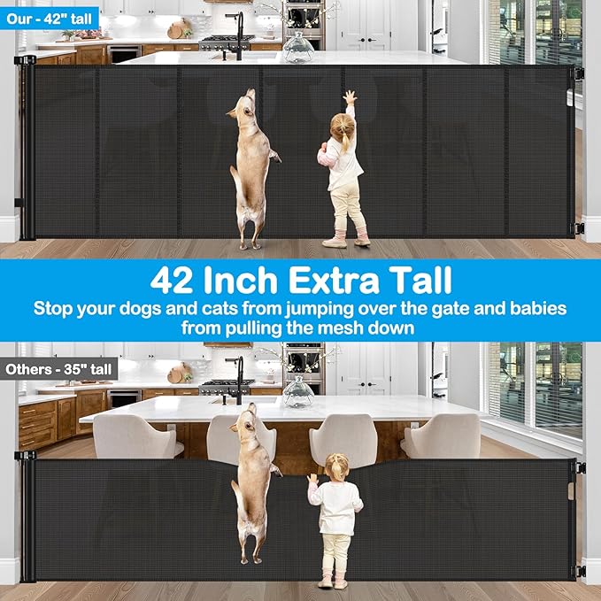 Reinforced 42" Tall X 120" Extra Wide Retractable Baby Gate Extra Long Baby Gates for Large Openings Prevent Kids and Pets from Jumping Over Retractable Pet Gate Reinforced Puppy Gates for Dogs, Black