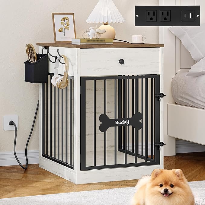 24.6'' Dog Crate Furniture with Charging Station, Dog Kennel Indoor with Flip-Top Storage, Wooden Pet Cage Dog House End Side Table for Small Dogs Anti-Chew Anti-Escape, White Brown DFC90114B