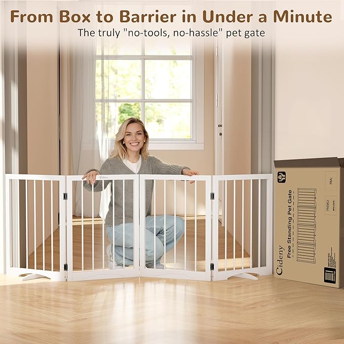 Free Standing Dog Gate Indoor, Foldable Dog Gate for Doorways Stairs Hallways,4-Panel Freestanding Pet Gate with Support Feet for Stability, Folding Puppy Gate Easy to Move, Doggy Gate 72"x24"