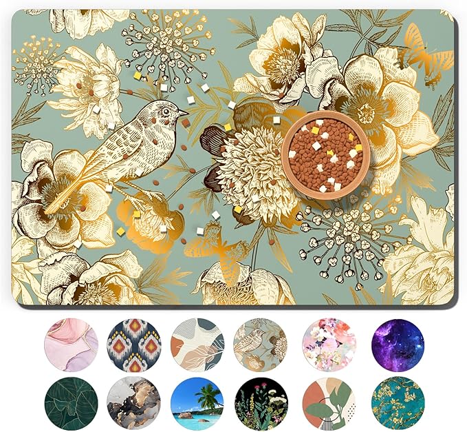 Dog Food Mat, 16" x 24" Flower Absorbent Dog Cat Bowl Mat for Food and Water, Cute Anti-Slip Rubber Pet Feeding Rug Protect Floors, Placemat for Feeding & Watering Supplies, Retro Floral