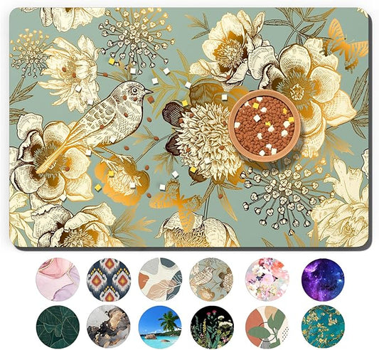 Dog Food Mat, 16" x 24" Flower Absorbent Dog Cat Bowl Mat for Food and Water, Cute Anti-Slip Rubber Pet Feeding Rug Protect Floors, Placemat for Feeding & Watering Supplies, Retro Floral