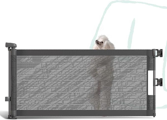 15.7" H Mesh Short Dog Gate, Extends Up to 59" W Retractable Pet Gate with Drill Installation, Small Dog Gate for Stairs, Easy Step Over Low Puppy Gate for Doorways Indoor Outdoor, Grey