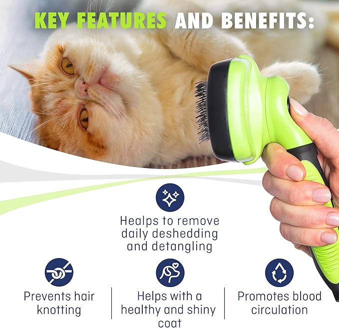 Rexipets Self-Cleaning Slicker Brush - One-Click Cleaning Function - Gentle & Effective Pet Hair Remover - Dog Grooming Accessories for Small, Medium & Large Dogs and Cats