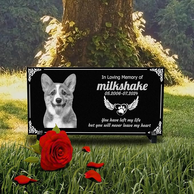 Generic Personalized Pet Memorial Stones,Dog Headstones, Cat Tombstone Outdoor, Black Granite Memorial Garden Stone Engraved with Photo, Pet Headstone Sympathy Gifts (for Pets) (dog)