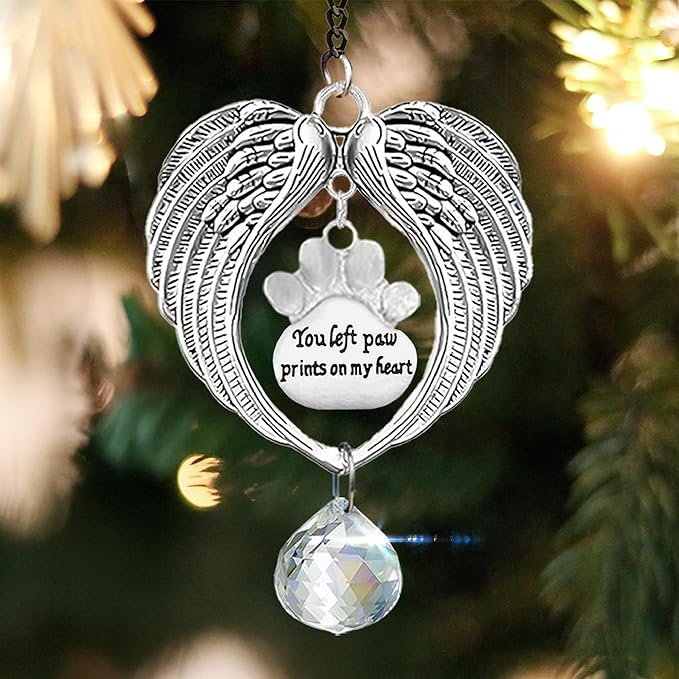 Pet Memorial Rotating Wooden Picture Frame with 4x6 Photo, Dog Cat Angel Wings Sympathy Ornament Crystal Rainbow You Left Pawprints on My Heart, Dog Bereavement Remembrance Gifts In Loving Frame PR-4R