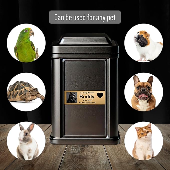 Custom Pet Memorial Nameplate for Urns & Ashes Boxes, Personalized Stainless Steel Adhesive Backing Badge Remembrance Tags (Text + Photo)