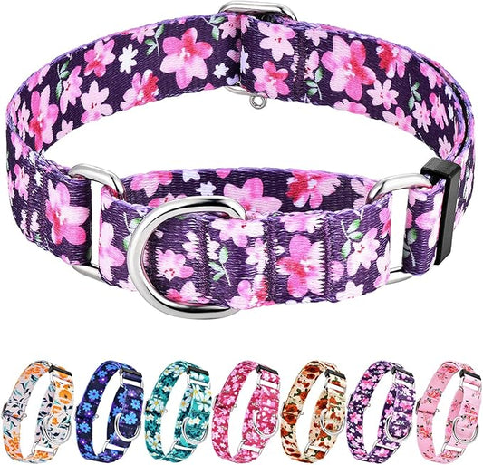 Hikiko Martingale Collar for Dogs with No Buckle Purple Floral Female Dog Collar Cute Girl Dog Collars for Medium Dogs,Japanese Purple,M