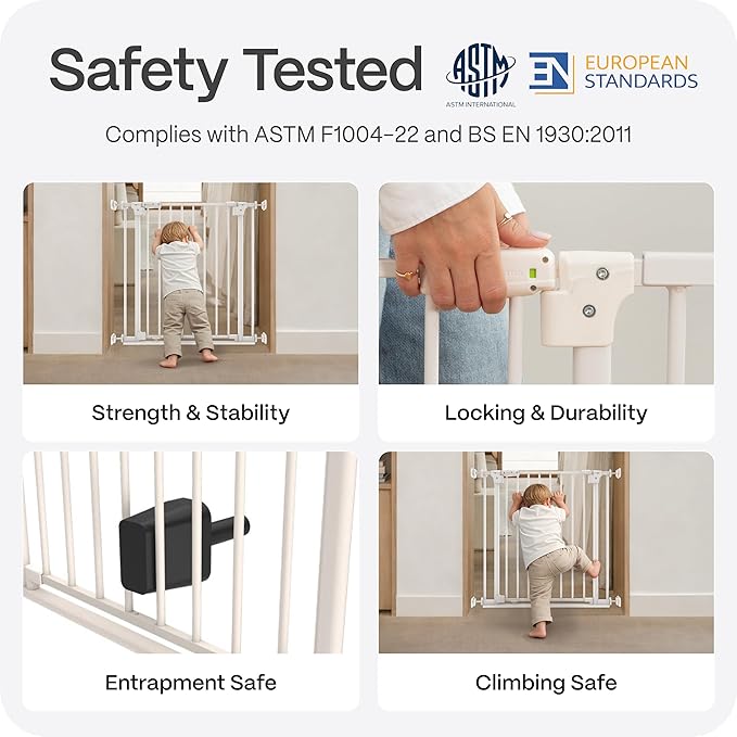 Perma Child Safety Safe Step Baby Gate for Stairs & Doorways, Rental Safe, 2-Minute Easy Install Pressure Mounted Gate, 28.8–40.1" Wide x 30" Tall, Auto Close, Stay Open, Ultra-Low Bar, White