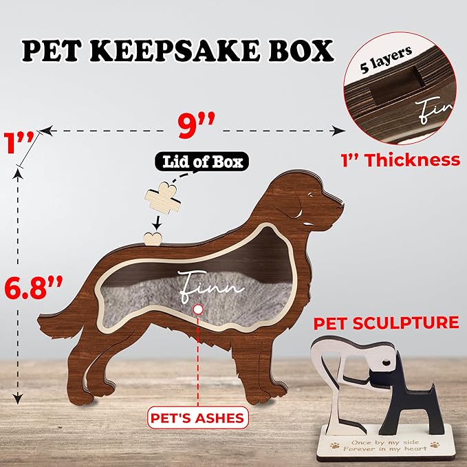 9" Golden Retriever Dog Hair Keepsake Box, Wooden Pet Urns for Dogs, DIY Pet Loss Sympathy Gifts, Unique Gift Dog Shape Standable Table Decor, Idea Gift for Pet Lover Storing Fur Teeth Ashes PSD6-15L
