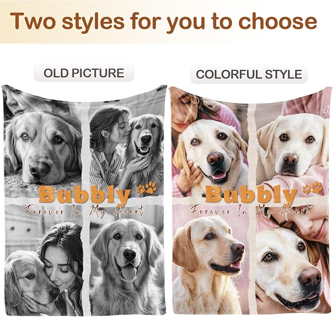 Bemaystar Pet Memorial Gifts for Dogs - Ships Next Day Custom Dog Blanket with Photo & Name Black and White Photo Processing Dog Memorial Gifts for Loss of Dog Cat Passing Away Souvenir(4 Photos)