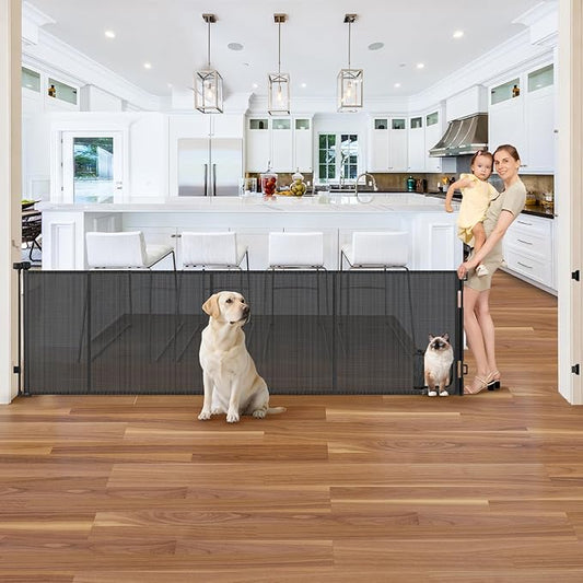Reinforced 120 Inch Wide Retractable Baby Gates Extra Wide Pet Gate with Cat Door 10ft Extra Long Baby Gates for Large Openings 33 Inch Tall Reinforced Strips Retractable Dog Gate with Cat Door, Black